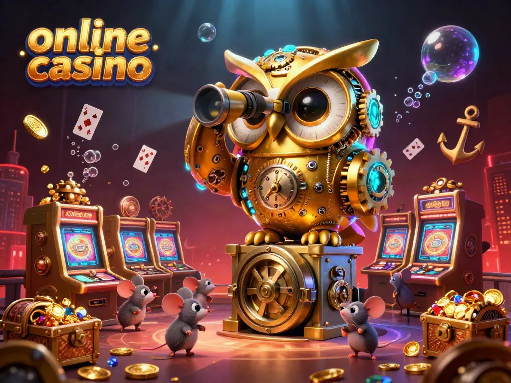 Experience an online casino vibrantly illustrated with a golden owl and whimsical characters exploring a treasure-filled environment.
