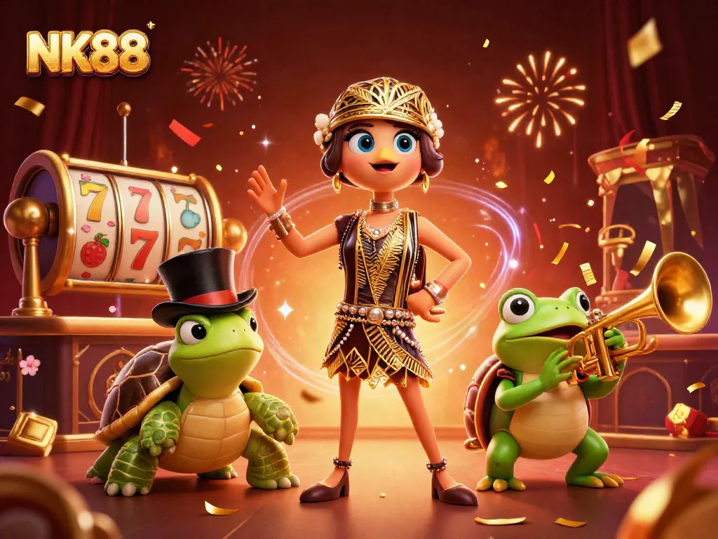 Spin the reels at NK88 with vibrant casino characters and festive decorations symbolizing excitement.