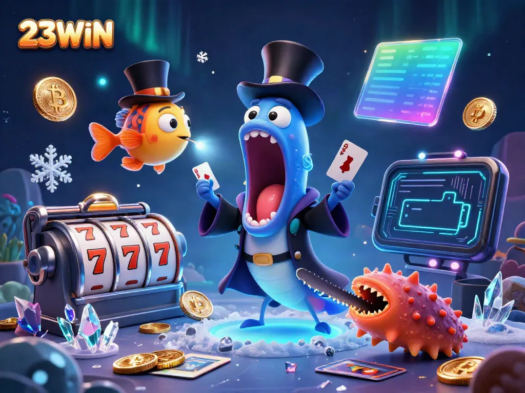 Engaging scene depicting the 23WIN brand with characters showcasing casino magic and excitement in a vibrant underwater setting.