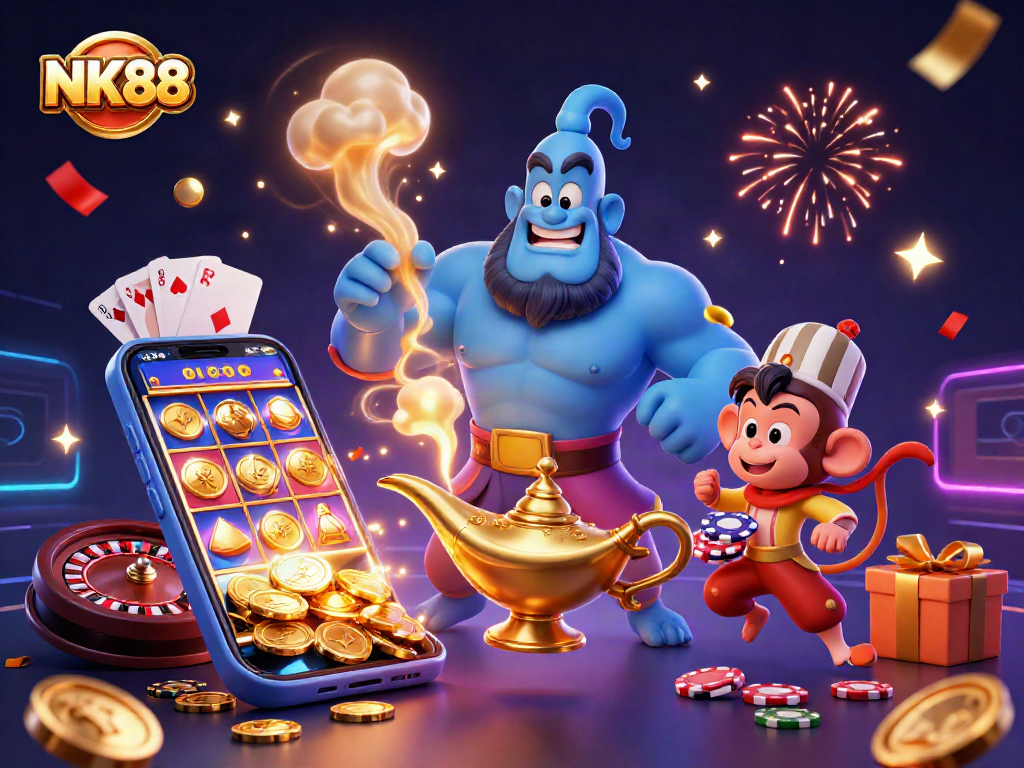 Experience the NK88 magic with the energetic genie, dazzling poker chips, and vibrant casino-themed elements.