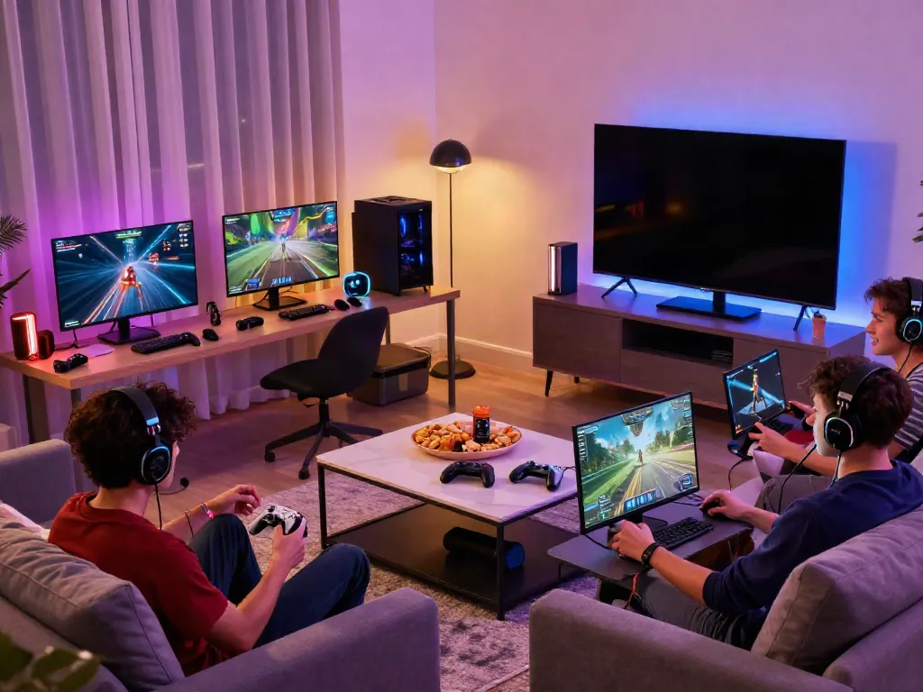 Friends gaming together in a modern living room, illuminating the ku88 gaming experience