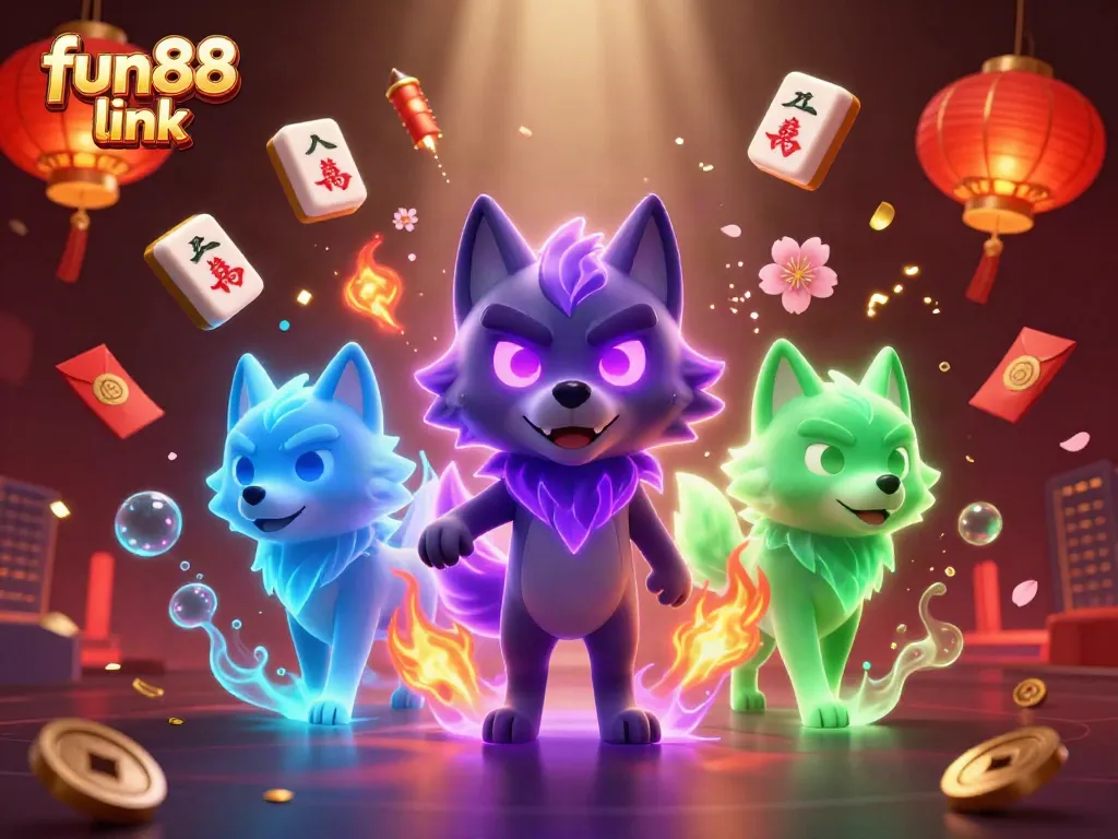 Experience thrilling gameplay with fun88 link, featuring wolves amidst casino treasures and dynamic visuals.