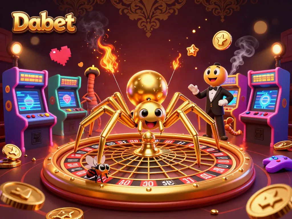 Dabet players spin the roulette wheel while a golden spider oversees the bets in a lively casino scene.