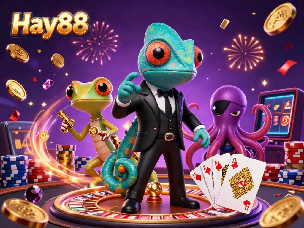Experience thrill at Hay88 with a chameleon secret agent, tech-savvy gecko, and villainous octopus in a casino environment.