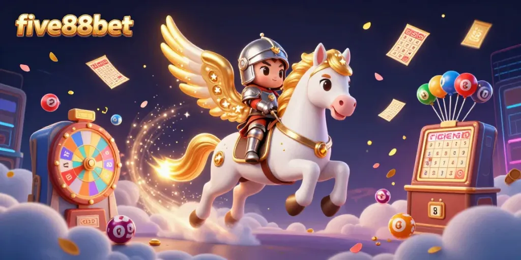 Experience the excitement at five88bet with a dynamic illustration of a celestial horse and gaming elements.