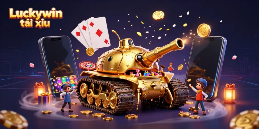 Experience Luckywin tài xỉu in a vibrant casino scene with golden beetles and explosive game elements.