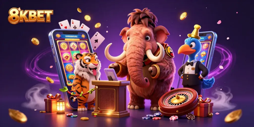 Experience the thrilling world of 8KBET with vibrant casino characters and dynamic gaming elements.