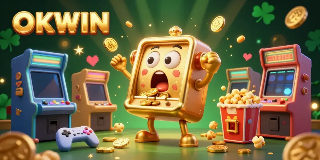 Experience winning moments at OKWIN with a lively slot machine scene filled with excitement and rewards.