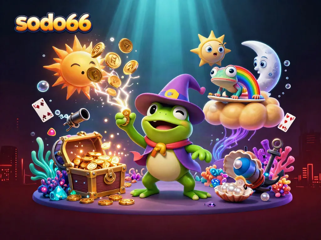 Experience the excitement of sodo66 with a magical scene of winning coins and colorful characters.