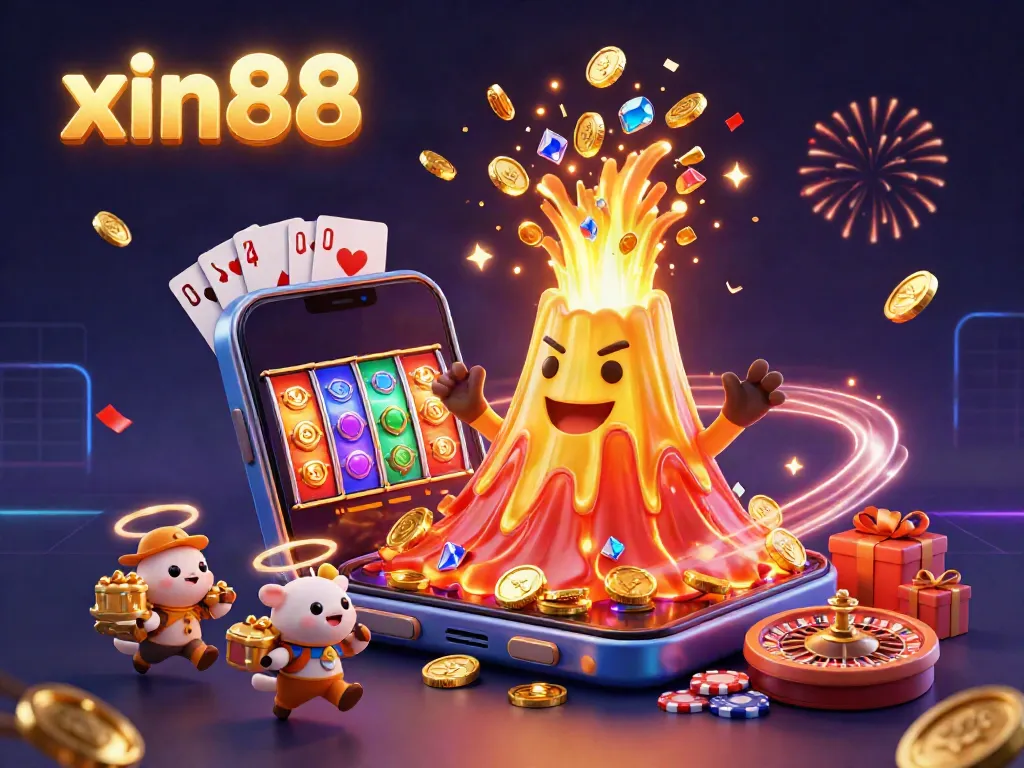 Experience the thrill of xin88 with a golden volcano erupting treasures and exciting casino elements.