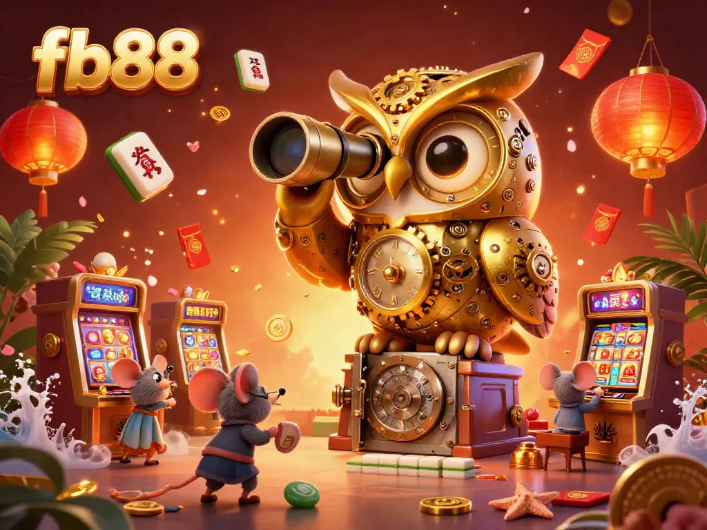 Engage with fb88's vibrant casino atmosphere featuring a clockwork owl and charming mouse patrons.