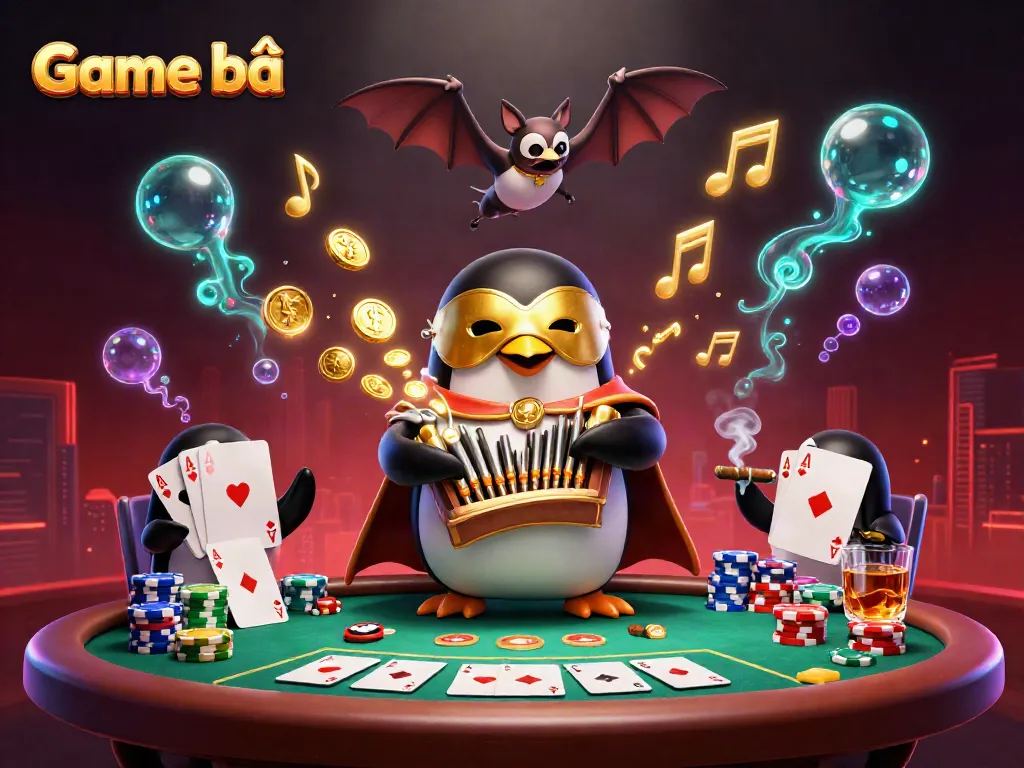 Game bài graphic featuring a penguin playing an organ with animated coins and poker chips