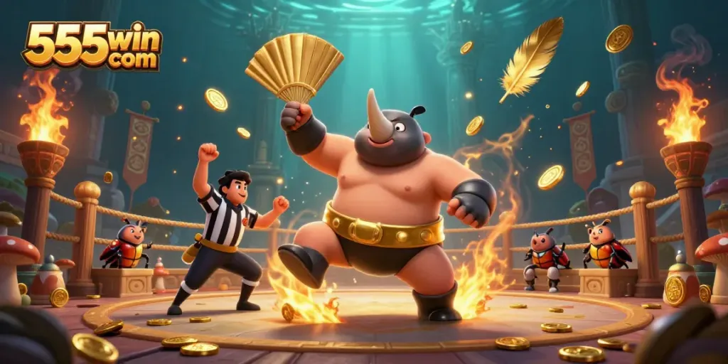 Watch the powerful stomp of the 555win com champion beetle as golden coins scatter in this vibrant casino illustration.