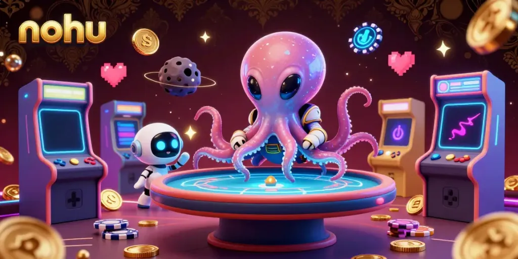 Action-packed scene at NOHU showcases a vibrant alien octopus dealing poker with playful robot companions.