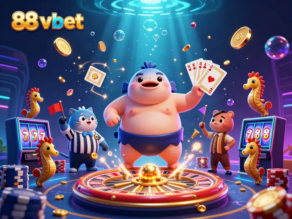 Engage with 88 vbet in this vibrant underwater casino scene featuring a giant fugu, catfish referee, and sparkling treasures.