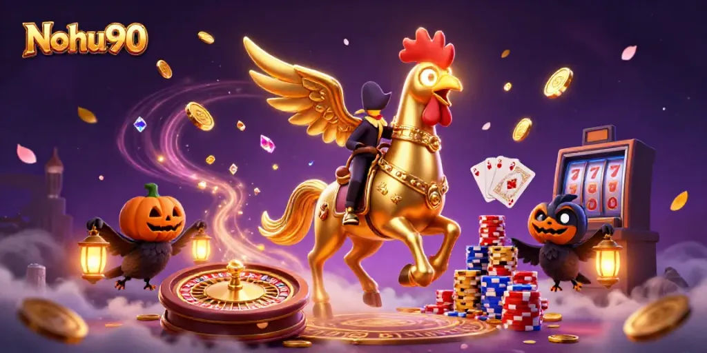 Experience the thrill of Nohu90, featuring a golden rooster headless horseman in a vibrant casino setting.