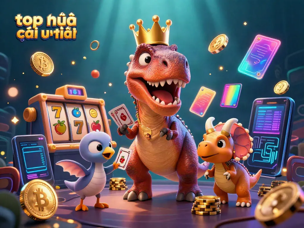 Engage with top nhà cái uy tín as T-Rex shuffles cards surrounded by vibrant slot elements.