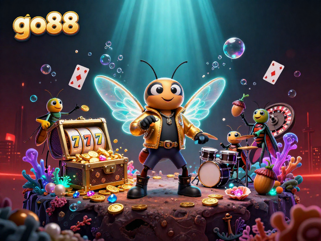 Experience thrilling gaming at go88 with a vibrant 3D casino scene featuring a rock star and slot machines.