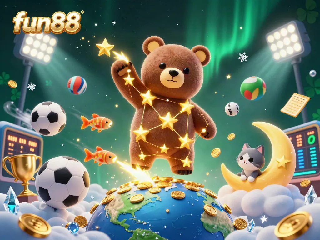 Experience fun88’s vibrant betting world with a 3D cartoon bear collecting coins amid dynamic sports elements.