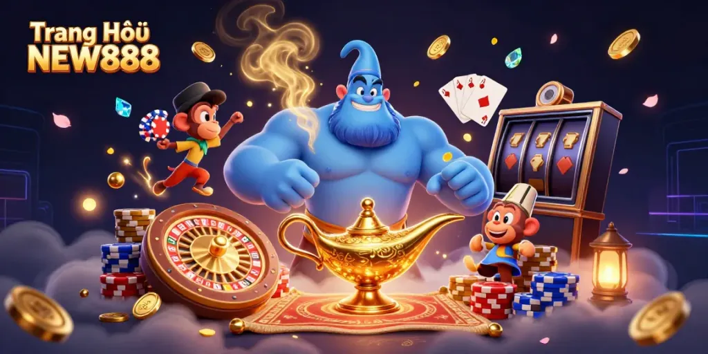 Experience vibrant gaming at Trang Chủ NEW888, with a whimsical genie and poker elements in a colorful casino scene.