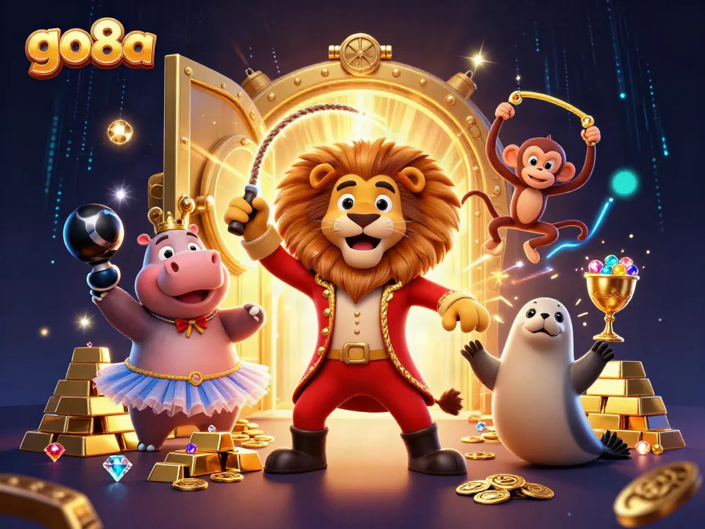 Experience thrilling gaming with go8a's vibrant 3D circus scene full of treasures.