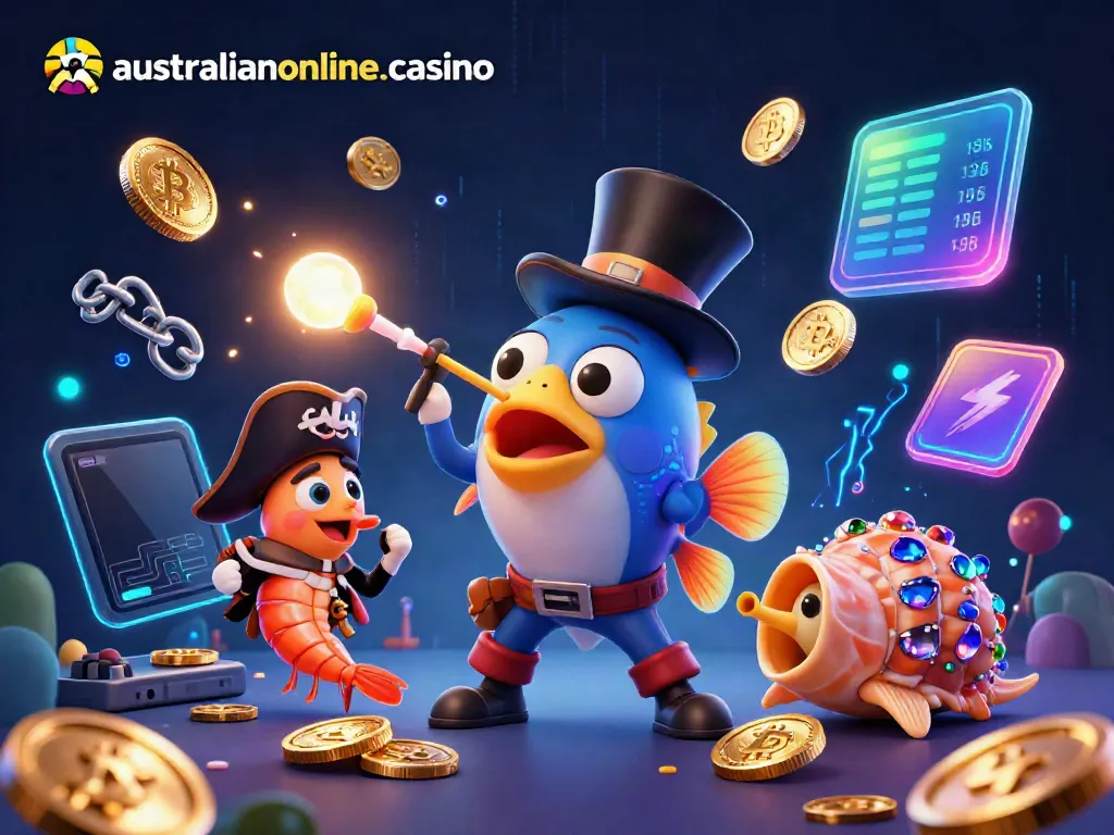 Engage with australianonlinecasino's vibrant 3D illustration showcasing fast online gameplay and crypto elements.
