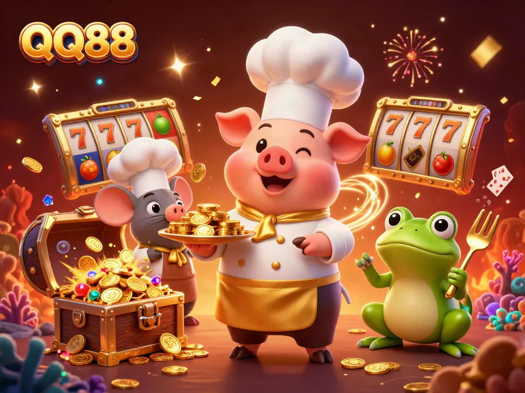Engage with QQ88 casino excitement through a vibrant 3D illustration featuring a pig chef serving gold coins amidst slot reels and festive elements.