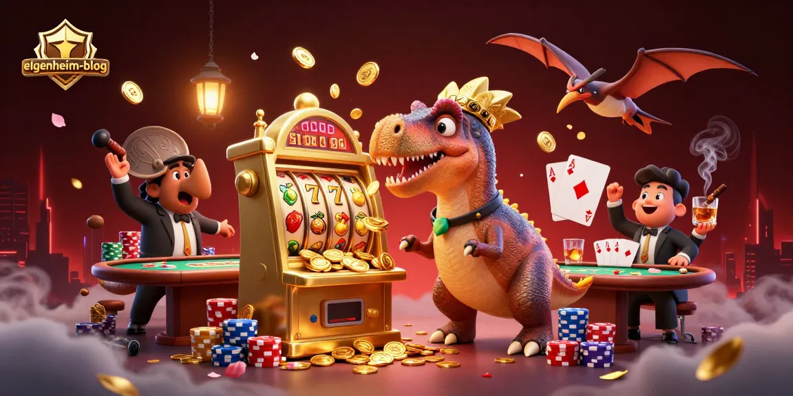 Die eigenheim-blog Illustration zeigt einen Dinosaurier, der an einem Spielautomaten den Jackpot knackt.