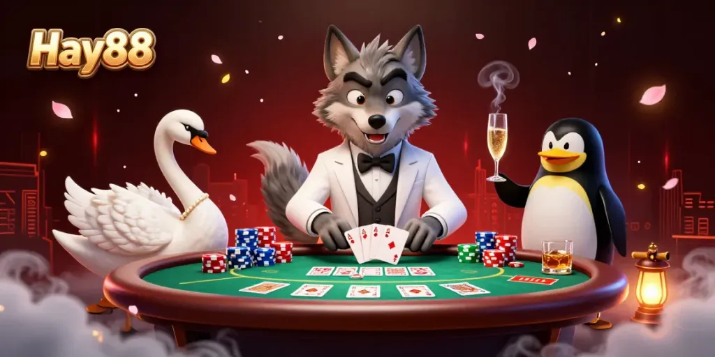 Experience the thrill of Hay88 with a lively casino scene featuring a debonair wolf, elegant swan, and penguin sommelier.