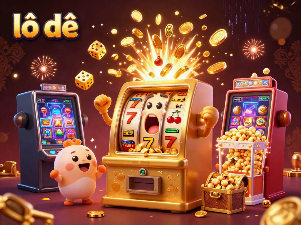 Experience the excitement of lô đề with a dynamic scene of cartoon slot machines and gold coins.