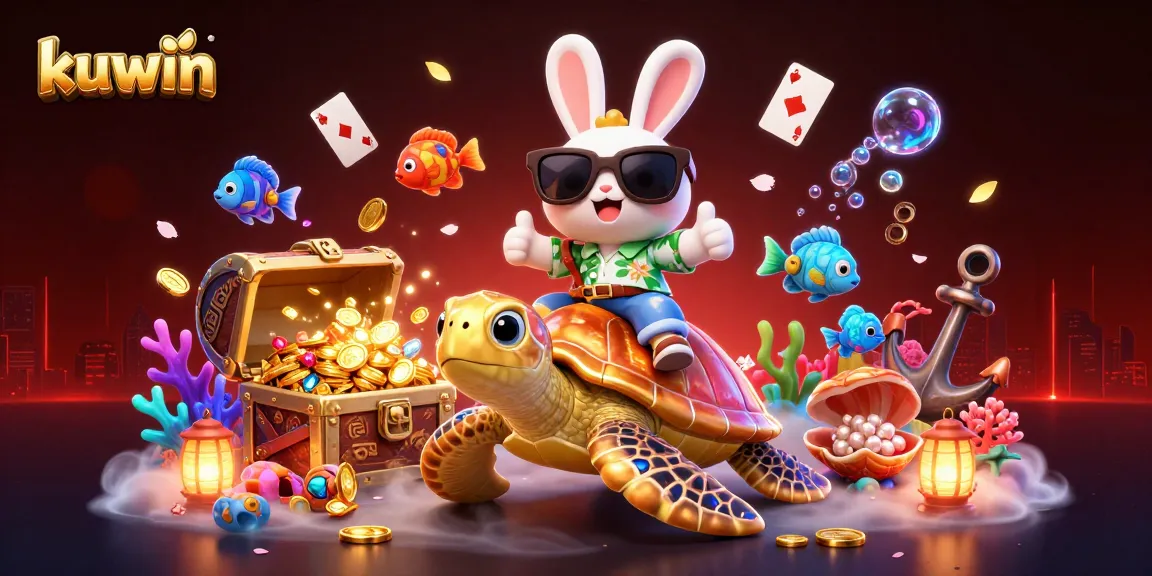 Kuwin's lucky rabbit and golden turtle celebrate underwater treasures in this vibrant casino scene.