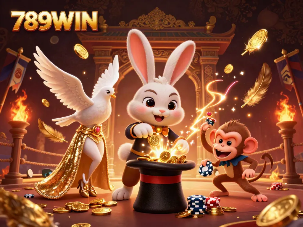 Engage with thrilling gameplay at 789WIN, featuring an enchanting magician rabbit, a glamorous dove, and a playful monkey amidst a vibrant casino scene.