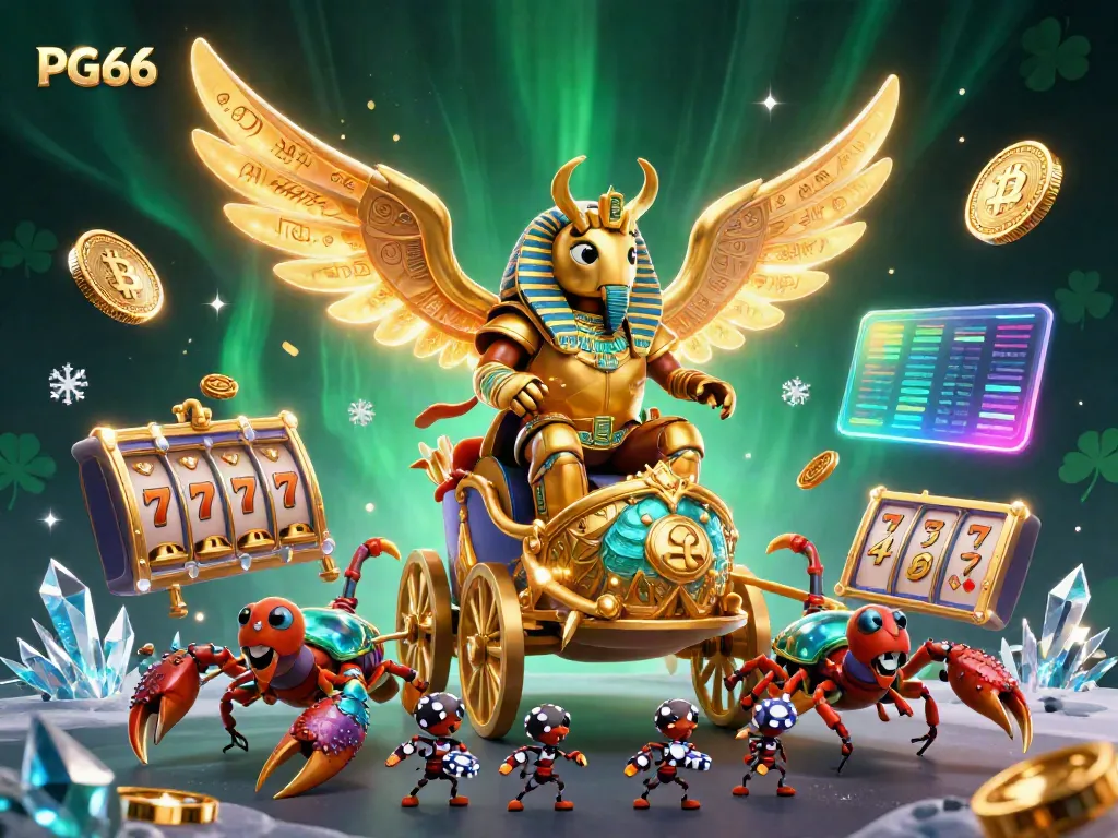 Experience PG66 with a grand chariot scene featuring a golden scarab beetle and dynamic casino elements.