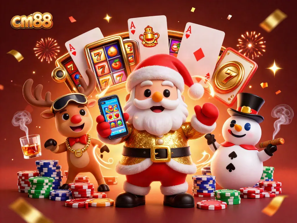 Experience the excitement of cm88 at a lively casino scene with festive characters celebrating jackpots.