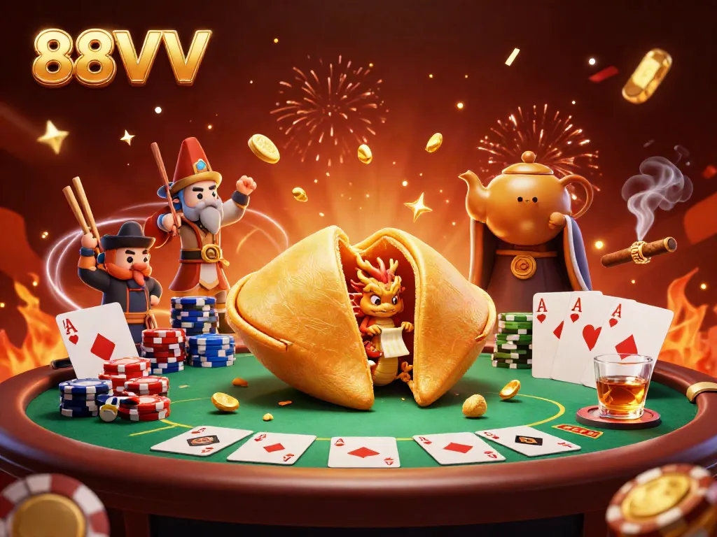 Experience the thrilling excitement of 88VV with a dynamic illustration showcasing a golden cookie, poker chips, and vibrant celebrations.