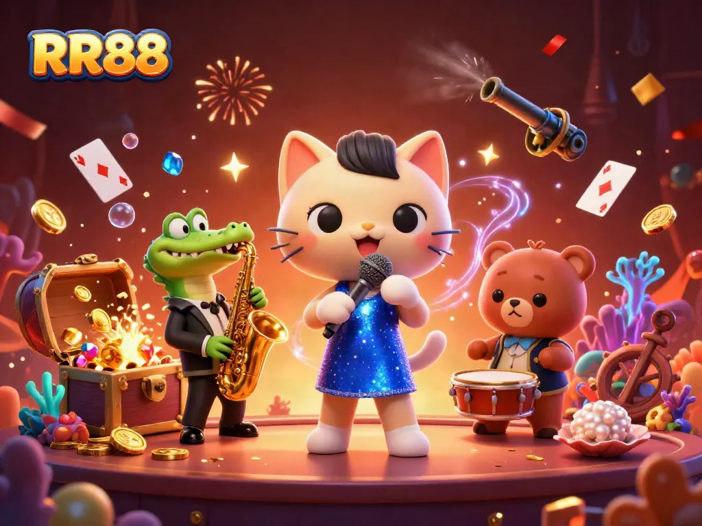 RR88 celebrates with a jazzy performance, featuring vibrant casino elements like floating cards and golden treasures.