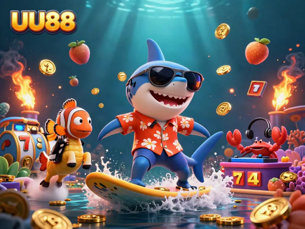 Surf the waves of gold coins with UU88's vibrant casino characters and thrilling slot game elements.