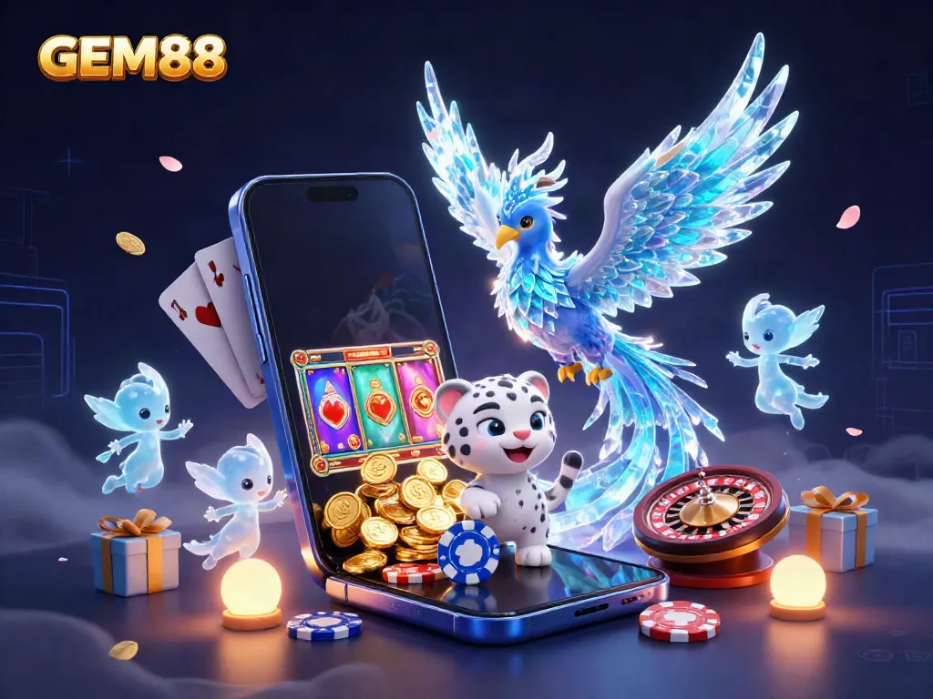Experience GEM88's vibrant casino world with a playful ice phoenix, a snow leopard cub, and glowing sprites.