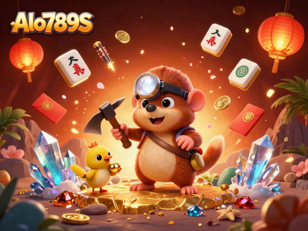 Experience excitement with Alo789S in a vibrant 3D treasure cave filled with gems and festive elements