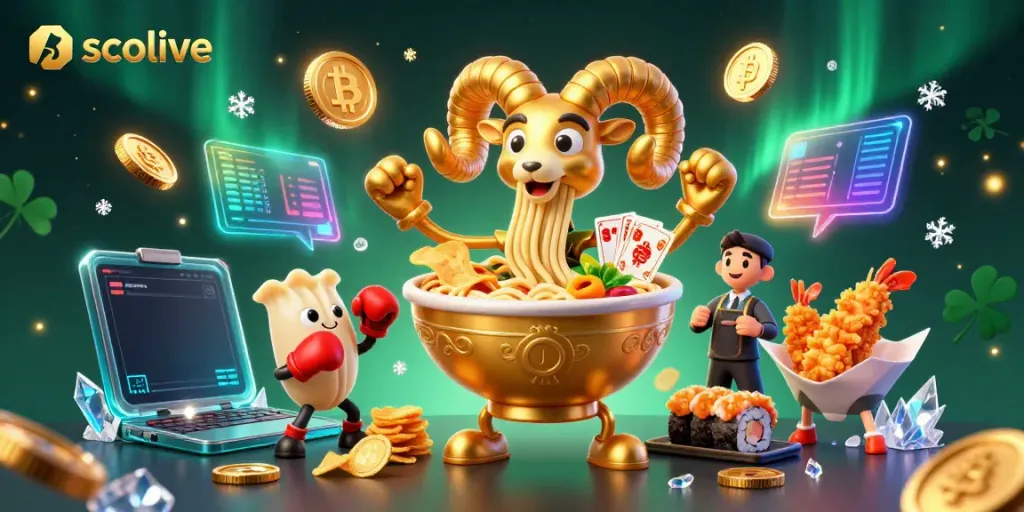 Socolive features a giant golden ramen bowl character stacking chips and dealing cards in a vibrant casino scene.