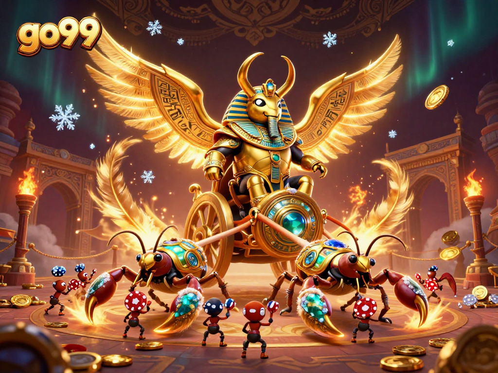 Engage in thrilling action at go99 with a vibrant 3D illustration of a colossal beetle and scorpions.