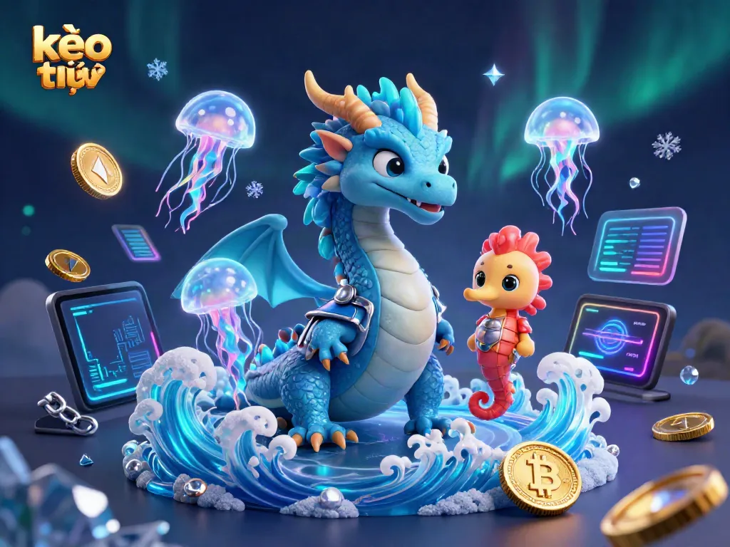 Experience kèo trực tuyến through a captivating 3D illustration with a dragon and seahorse amid crypto elements.