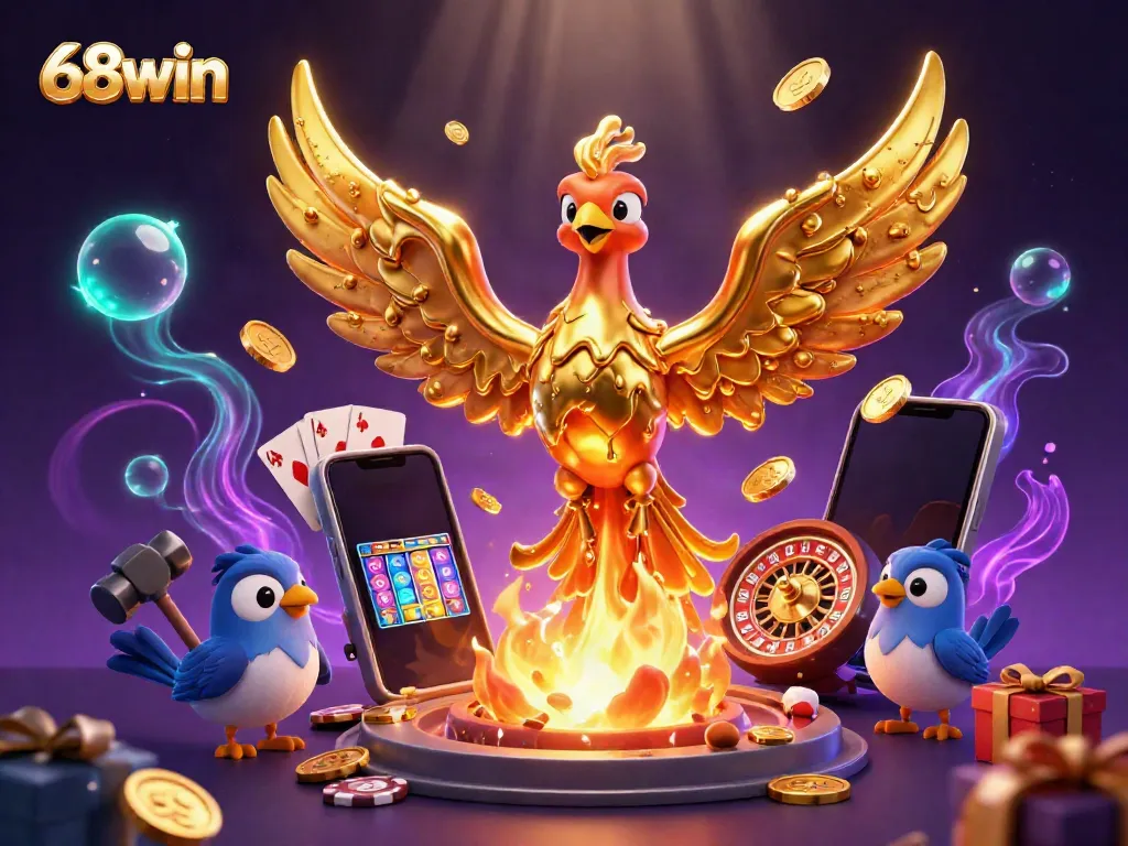 Experience the vibrant world of 68win with a fiery golden phoenix and gaming elements bursting into action.