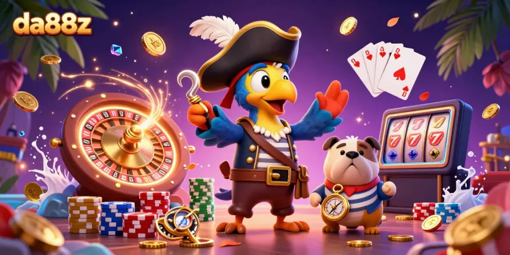 Experience thrilling fun at da88z with a vibrant 3D casino scene featuring lively characters and games.