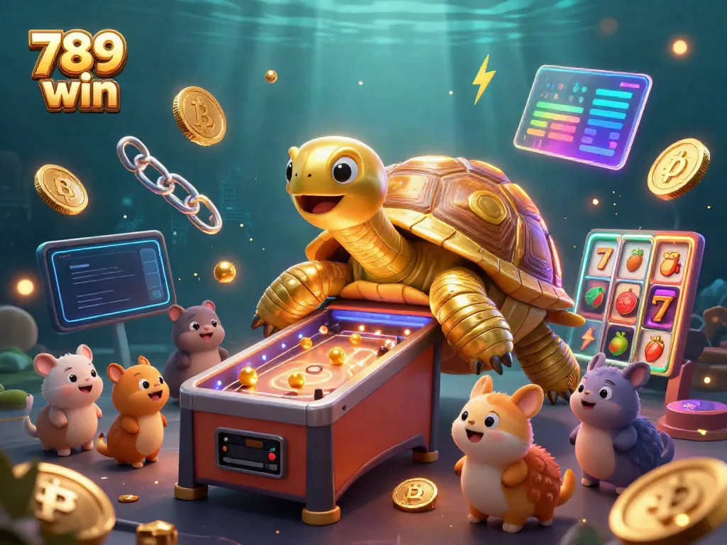 Experience thrilling gameplay with 789 win in this vibrant 3D casino illustration featuring golden gaming elements.