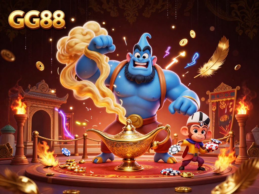 Experience thrilling games at GG88 with a colorful 3D illustration featuring a genie and casino elements.