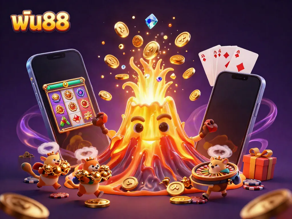 Experience the excitement of ฟัน88 as a golden volcano erupts with treasures, showcasing thrilling gaming elements.