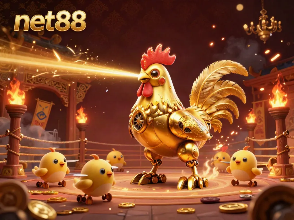 Engage in thrilling gameplay at net88 with a dynamic scene featuring a golden rooster robot and chick drones amidst dramatic casino elements.