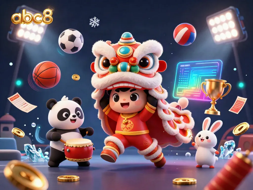 Engage with abc8's thrilling casino experience in this vibrant 3D illustration featuring dynamic sports betting elements.