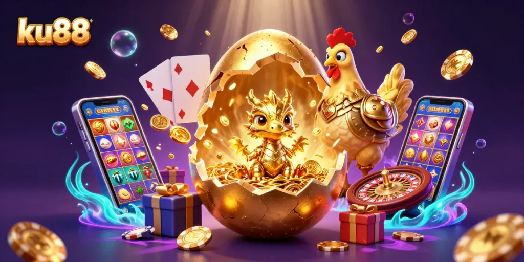 Experience thrilling wins with ku88 at this vibrant casino-themed digital illustration, showcasing colorful games and elements.